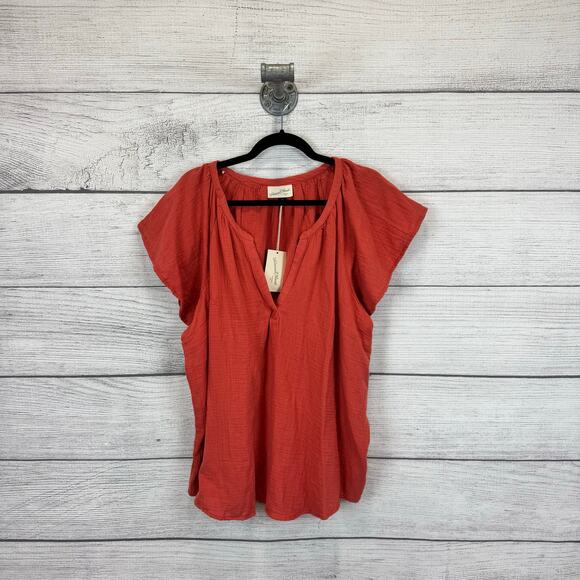 Universal Thread Plus Size Rust Coral Short Sleeve Gauze Blouse Size 1X - Picture 1 of 6